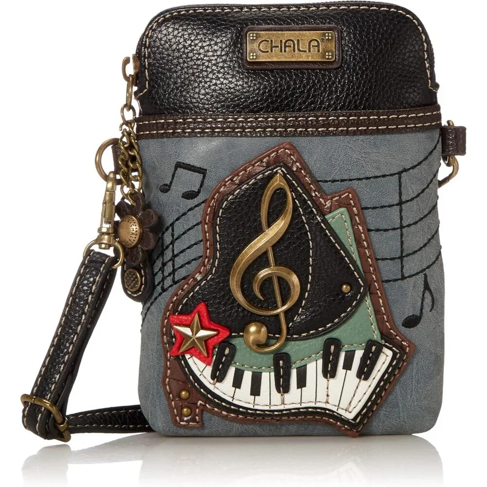 Indigo Group Piano Crossbody Cellphone Bag with Metal Clef Fob, 7x5x1 inches